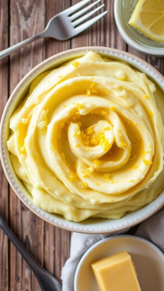 A bowl of lemon zest mashed potatoes garnished with lemon zest on a rustic table.